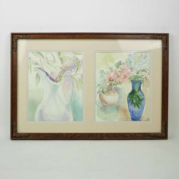 Watercolor Painting Original Painting Framed Art PASTEL FLOWERS IN A VASE 21x14"